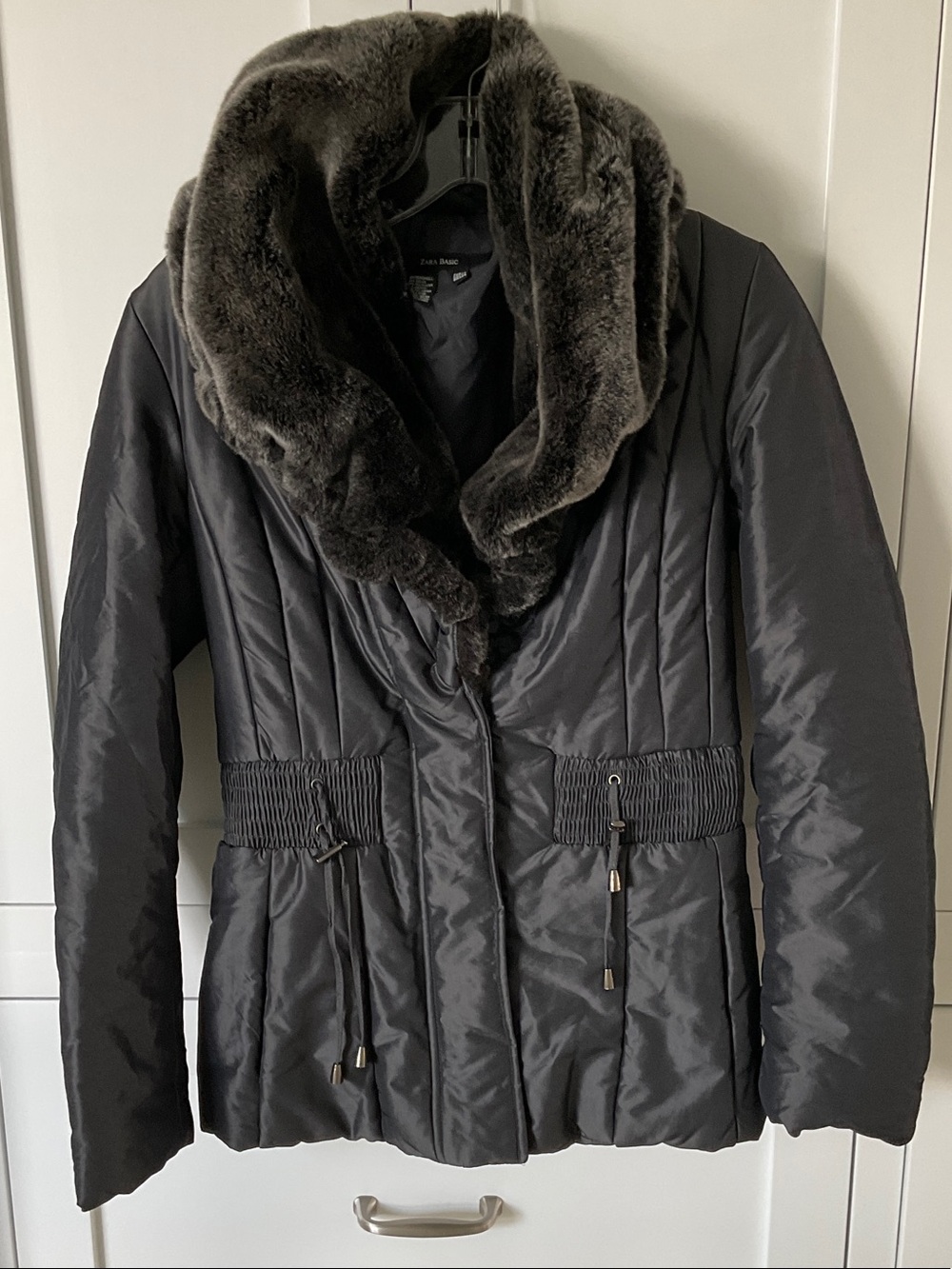 Zara Basic Dark Gray Quilted Puffer with Faux Fur Shawl Collar